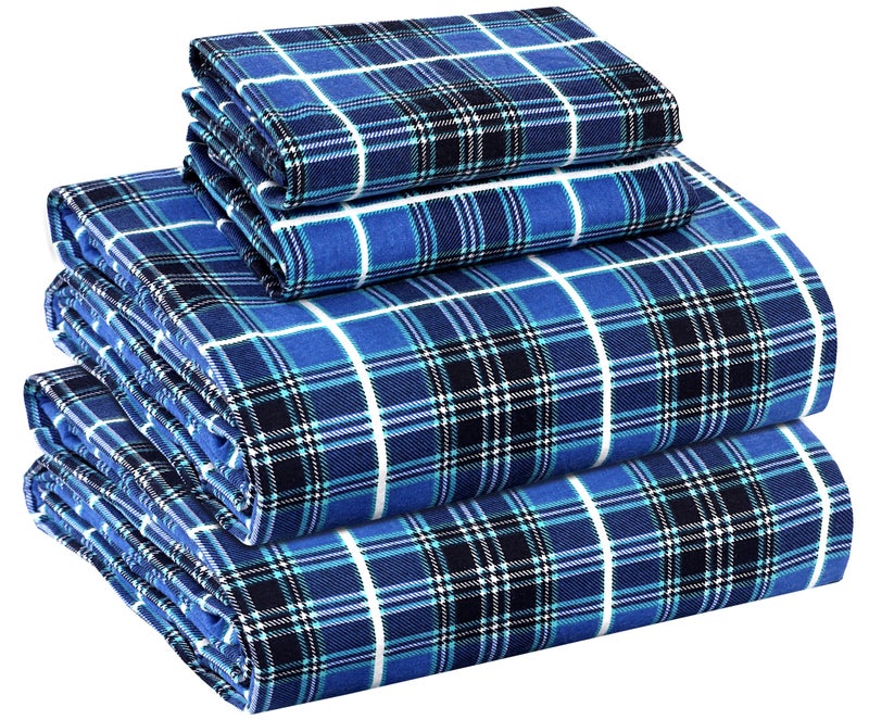 RUVANTI Flannel Sheets Queen Size - 100% Cotton Double Brushed Bed Sheets, Deep Pockets 16 Inches Queen Sheet Set, All Seasons Breathable & Extra Soft - Warm & Cozy, 4 Piece, Blue Plaid - Image 1